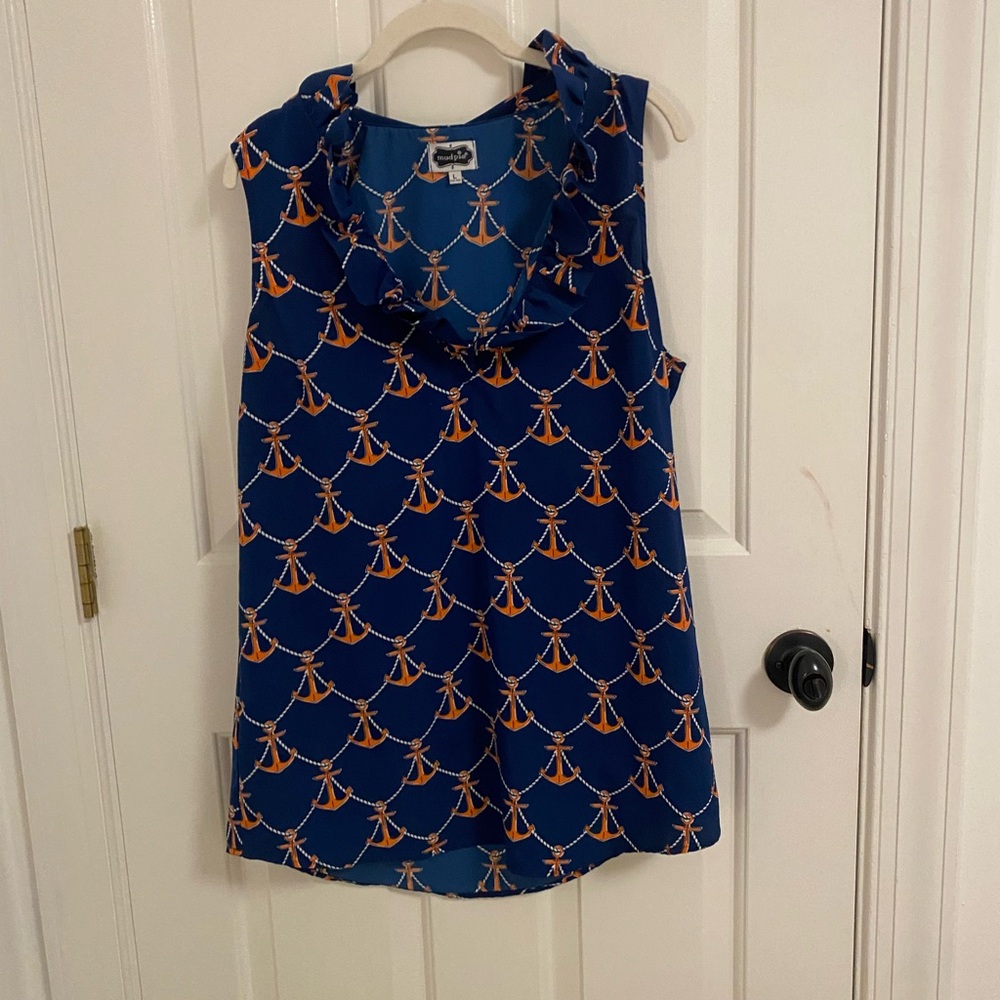 Mud Pie Nautical Anchor Blue and Orange Tank Top Size Large L